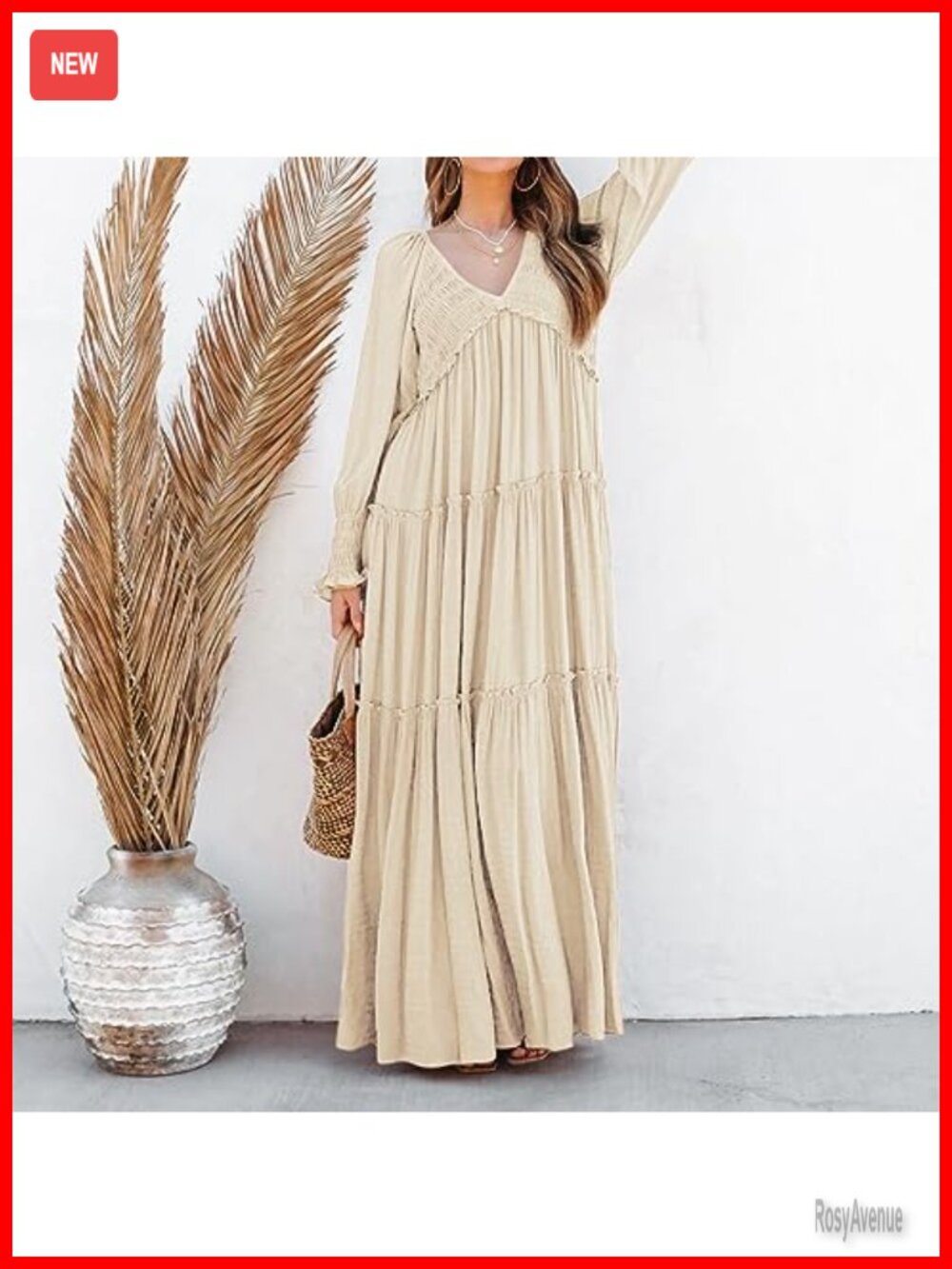 Long Sleeve V Neck Empire Waist Layered Ruffle Flowy Boho Maxi Dress - Picture 3 of 7